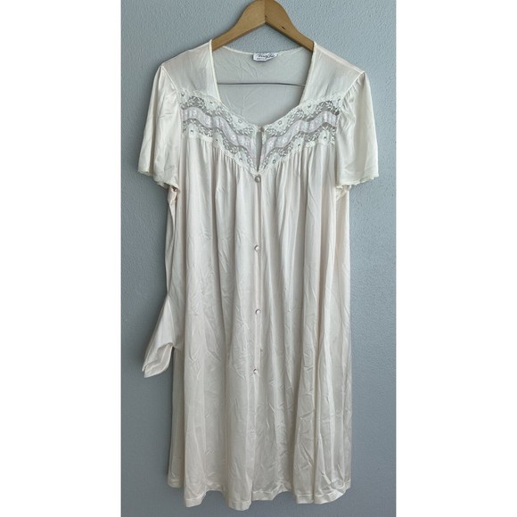 VTG Vanity Fair Pink White Nightgown Dress Pajama Dress Lace XL Pocket - Picture 1 of 15